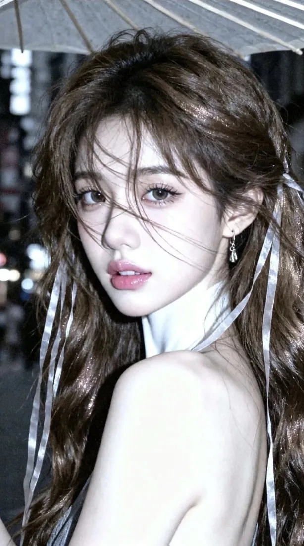 长发美女手机壁纸｜都市夜景背景图片 - 透明伞妆容「哲风壁纸」