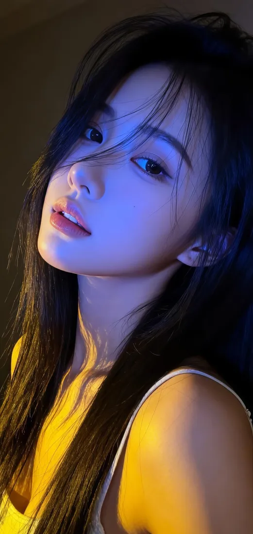 长发美女手机壁纸｜暗色背景图片 - 黄蓝光线「哲风壁纸」