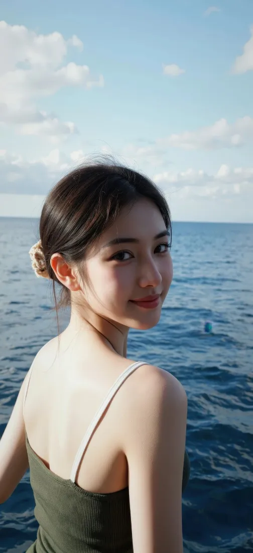 绿衣盘发女子在海边回头微笑，背景是蓝天碧海与白云。