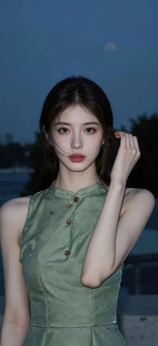 绿色连衣裙美女手机壁纸｜深景背景图片 - 夜景「哲风壁纸」