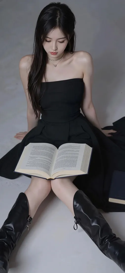黑衣美女手机壁纸｜简约背景图片 - 看书黑靴抹胸裙「哲风壁纸」
