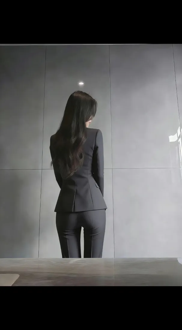 身着黑色职业西装套装的长发女性背对镜头站立于灰色拼接墙面的室内空间