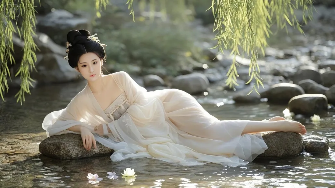 古典女子手机壁纸｜古风背景图片 - 汉服水边柳树「哲风壁纸」