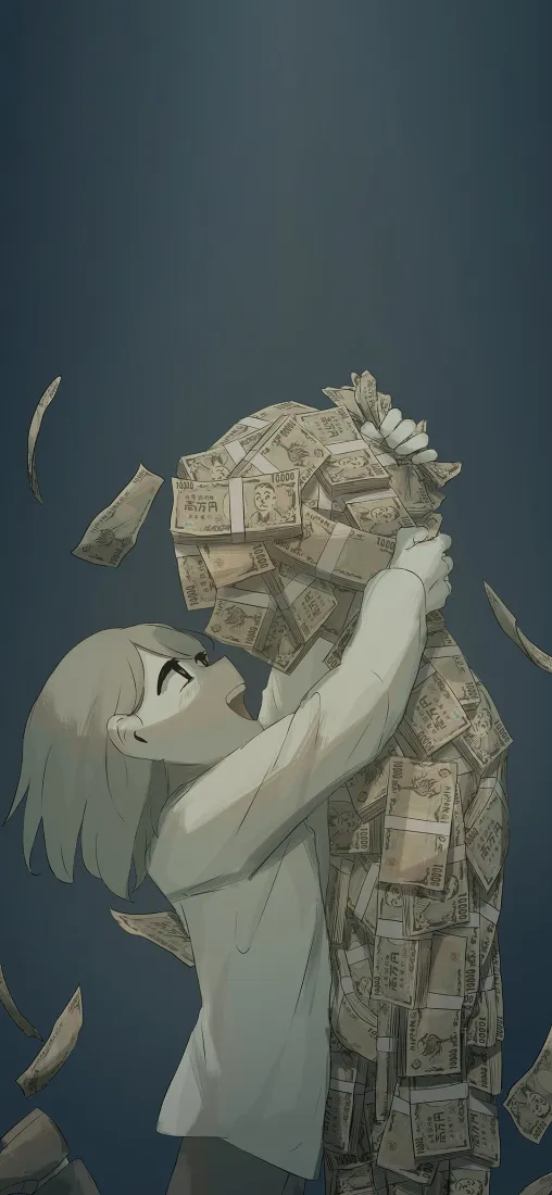 动漫女孩手机壁纸｜钞票人形背景图片 - 金钱拥抱「哲风壁纸」