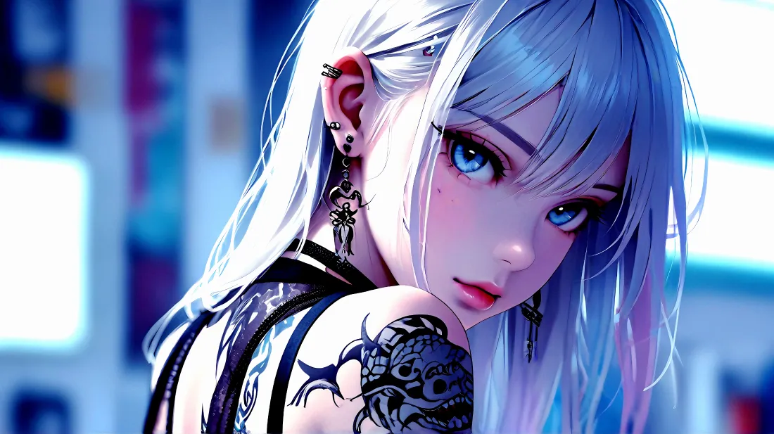 4k蓝发纹身少女壁纸｜赛博背景 - 二次元女孩「哲风壁纸」