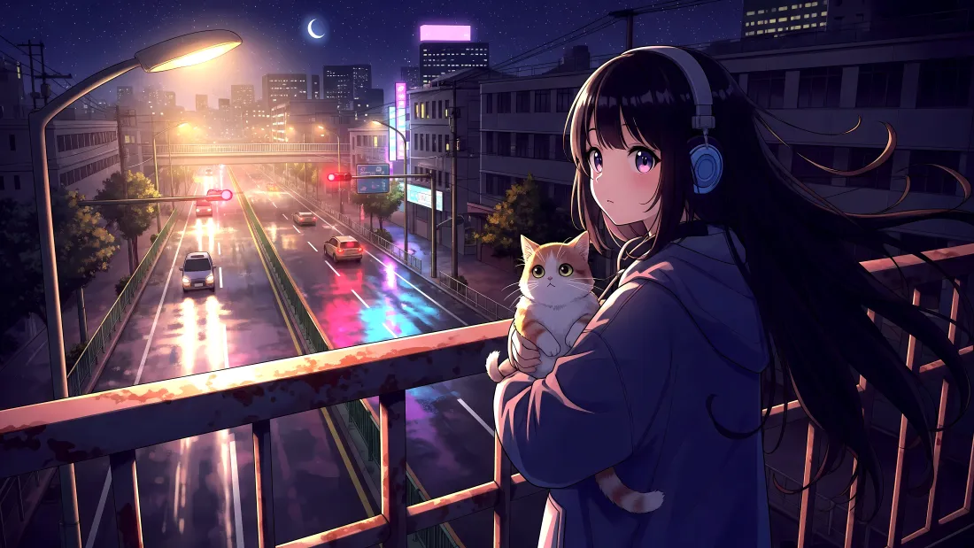 8k二次元女孩抱猫壁纸|雨夜都市背景图片 - 耳机长发「哲风壁纸」 8k二次元女孩抱猫壁纸|雨夜都市背景图片 - 耳机长发「哲风壁纸」