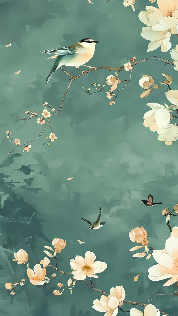 国风花鸟手机壁纸|青绿色背景 - 工笔花鸟图「哲风壁纸」 国风花鸟手机壁纸|青绿色背景 - 工笔花鸟图「哲风壁纸」
