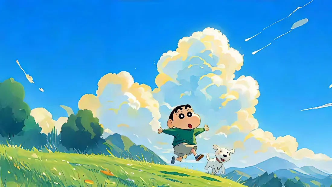 4k蜡笔小新壁纸｜草地蓝天背景 - 小白奔跑「哲风壁纸」