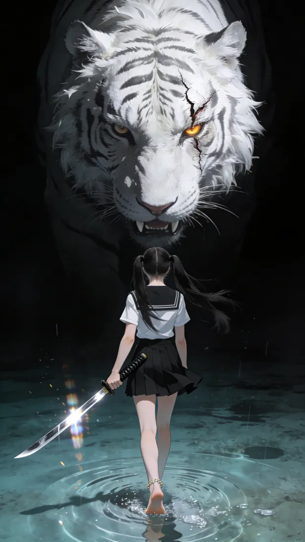 背身持武士刀的双马尾少女立于水面，身后浮现带裂痕的发光白虎虚影。