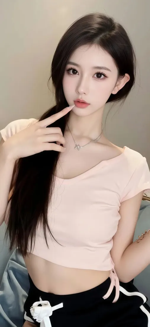 粉色上衣美女手机壁纸｜室内背景图片 - 时尚休闲穿搭「哲风壁纸」