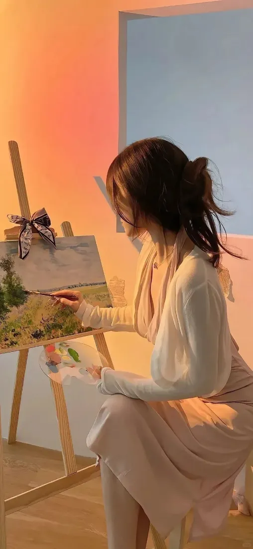 暖光室内，扎马尾的女生穿白上衣粉裙坐画架前专注作画。