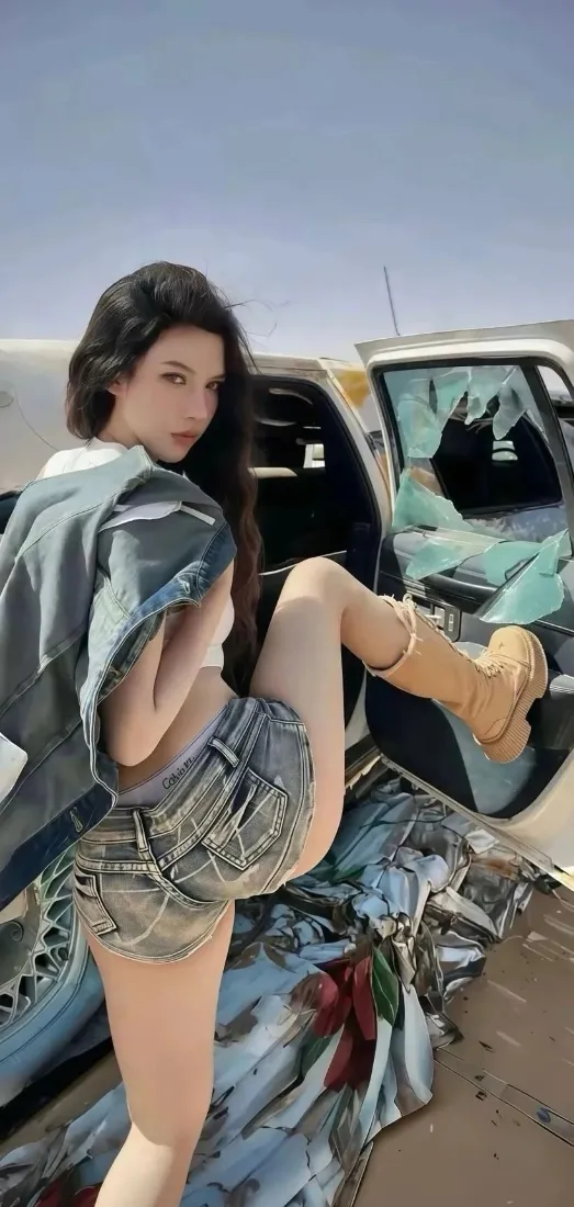 短发牛仔穿搭美女侧身倚靠在破损汽车旁，背景为晴朗蓝天荒漠