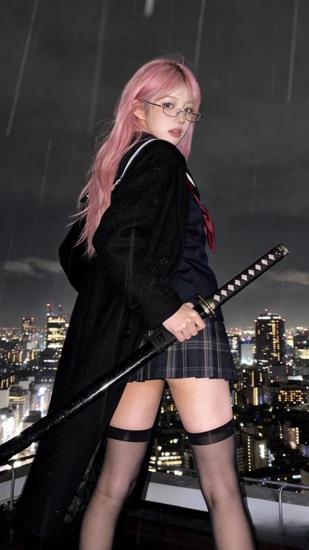 粉发戴眼镜女生身着黑衣格裙黑丝，手持武士刀立于雨夜天台俯瞰城市夜景
