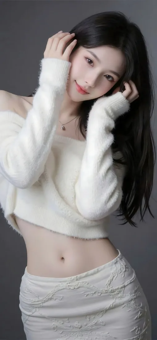 Ios手机壁纸｜灰色背景图片 - 白色露肩美女「哲风壁纸」