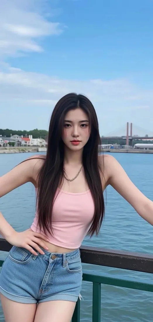 海边美女手机壁纸｜海景背景图 - 粉色背心牛仔短裤「哲风壁纸」