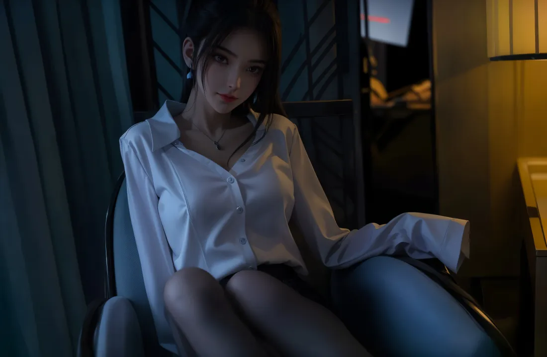 暗调室内，穿白衬衫的年轻女子坐在扶手椅上，暖黄灯光烘托慵懒氛围