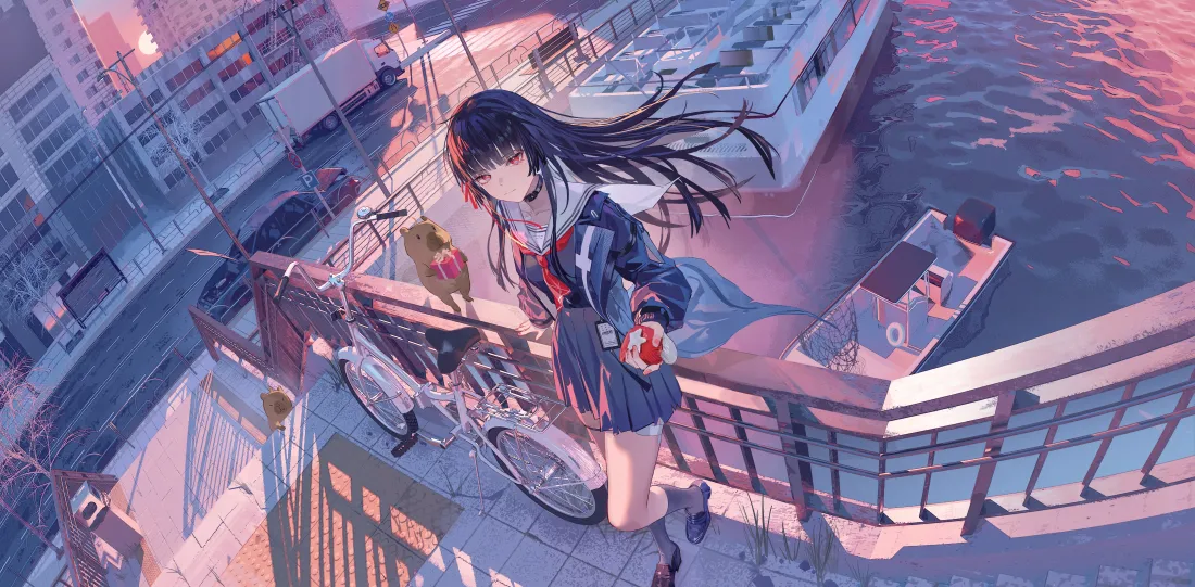7k黑发校服少女壁纸|城市港口黄昏背景 - 8k动漫「哲风壁纸」 7k黑发校服少女壁纸|城市港口黄昏背景 - 8k动漫「哲风壁纸」