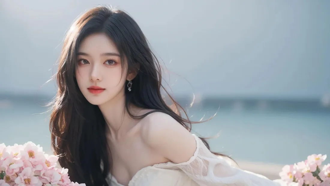 3k长发美女壁纸｜海边背景图片 - 粉色花朵「哲风壁纸」