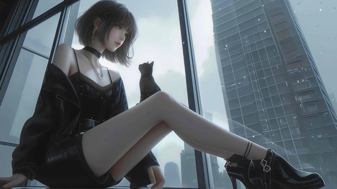 3k短发女生壁纸｜都市背景图片 - 黑猫暗黑风格「哲风壁纸」