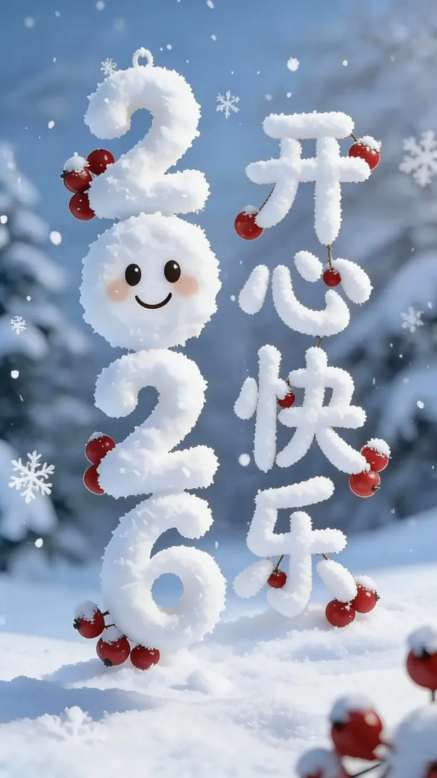 2026雪人新年手机壁纸｜雪景红果背景 - 开心快乐「哲风壁纸」
