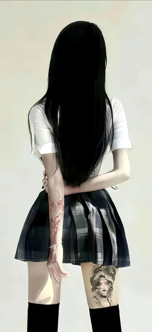 背对镜头的黑发纹身女孩，穿白短袖、格纹百褶短裙与黑色长袜。