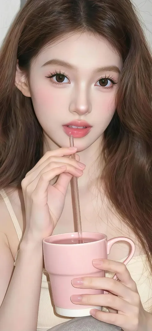 长发年轻女性手持粉色带吸管杯子，妆容甜美清新。