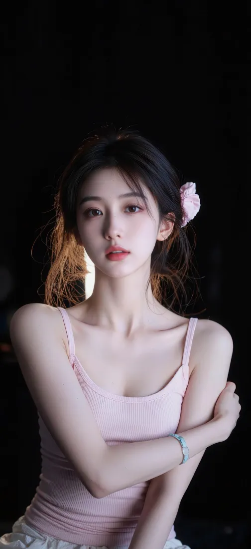 黑背景下戴粉色花朵发饰、穿粉色吊带的年轻女性半身写真