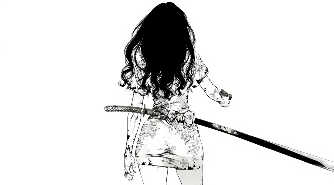 黑白线稿风格，长发女性背对镜头，腰间佩戴武士刀，呈战斗姿态。