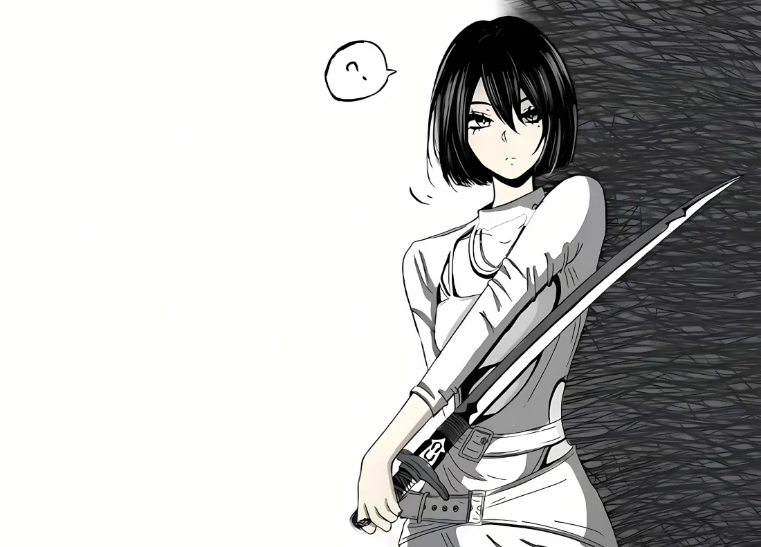黑白漫画风格三笠·阿克曼，手持利刃面露疑惑，左侧留白右侧为深色纹理背景