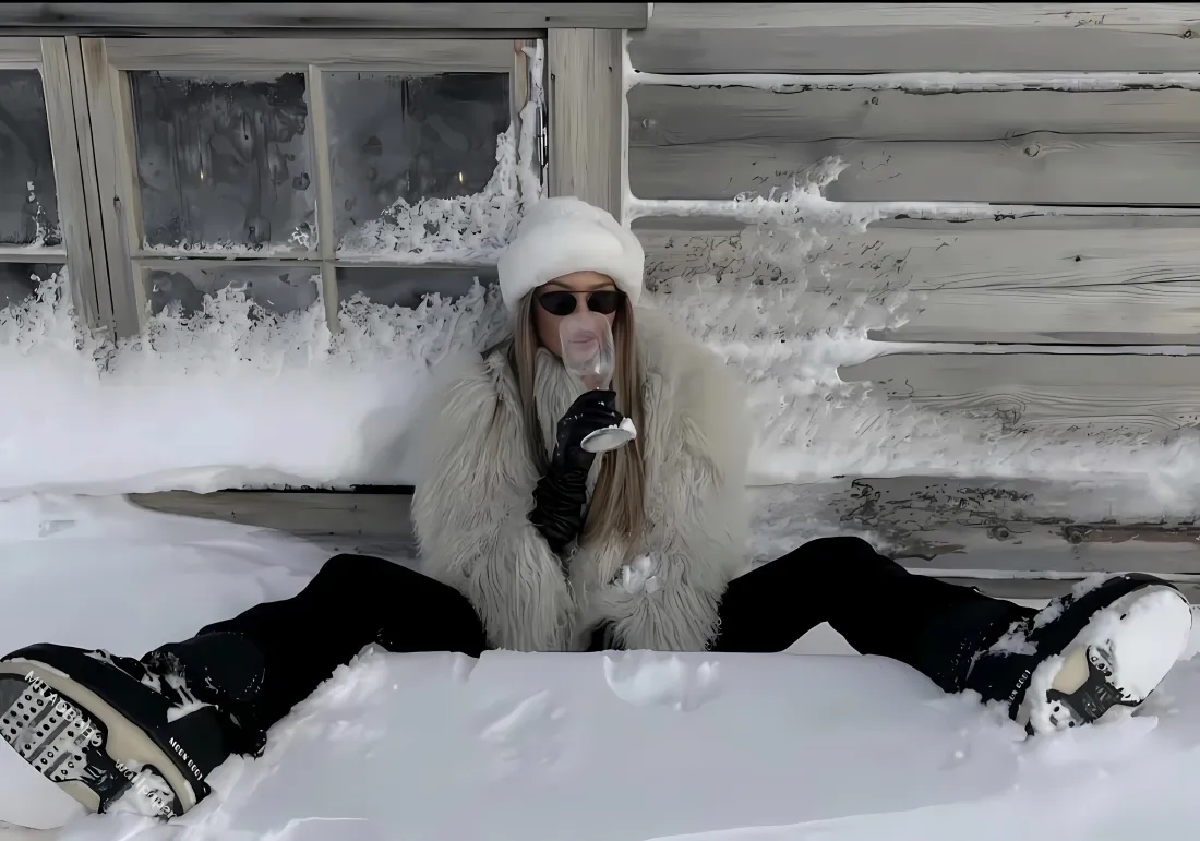 冬日木屋前，身着白色毛绒外套的女子坐于厚积雪中举杯饮用。