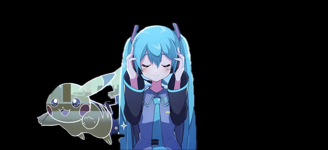 5k初音未来 皮卡丘壁纸|黑色背景图片 - 宝可梦 二次元「哲风壁纸」 纯黑背景中,蓝发双马尾的初音未来双手扶头,身侧有半透明卡比兽形象。