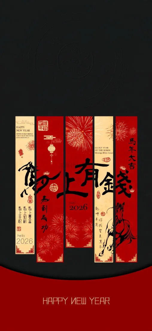 黑底搭配红金竖幅春联，书法“马上有钱”，底部红条印新年英文祝福