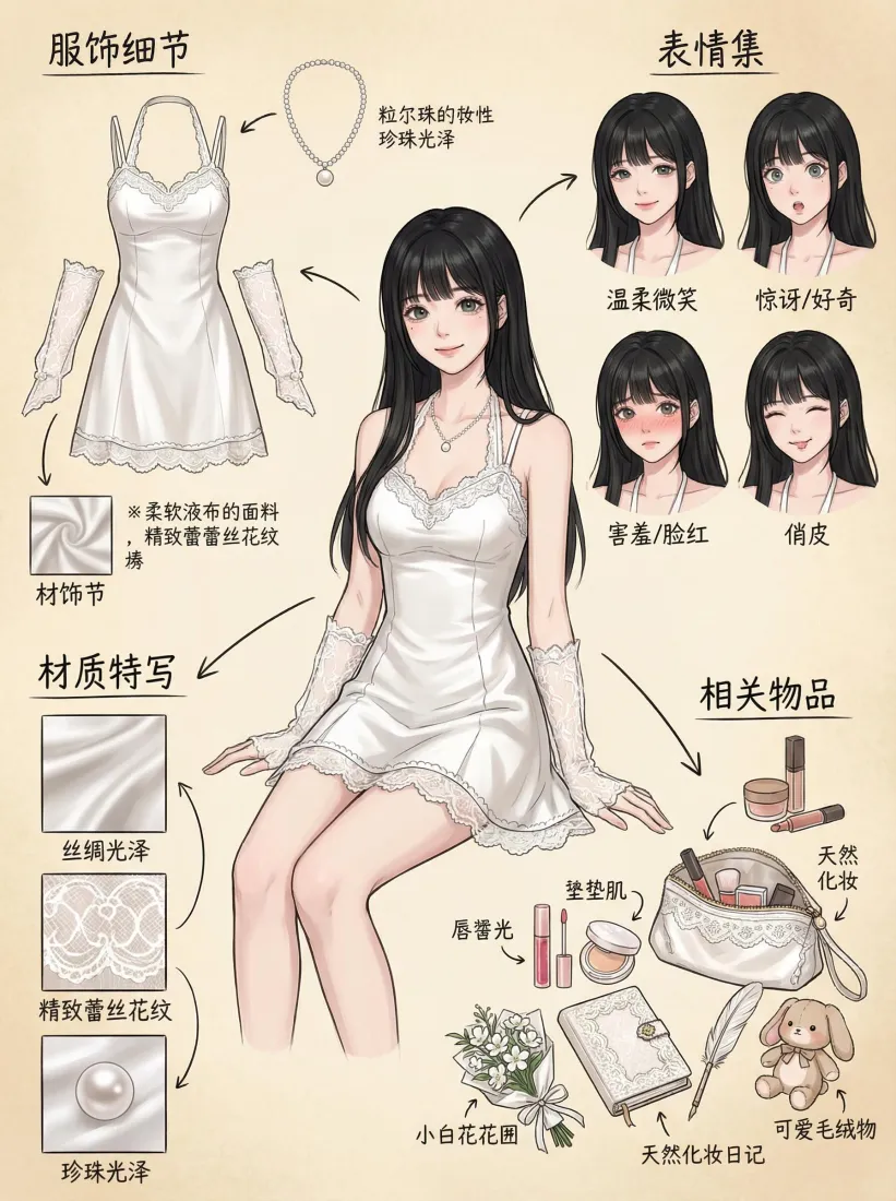 黑长直少女穿白色吊带短裙配长手套，周边展示服饰、表情、材质与相关物品