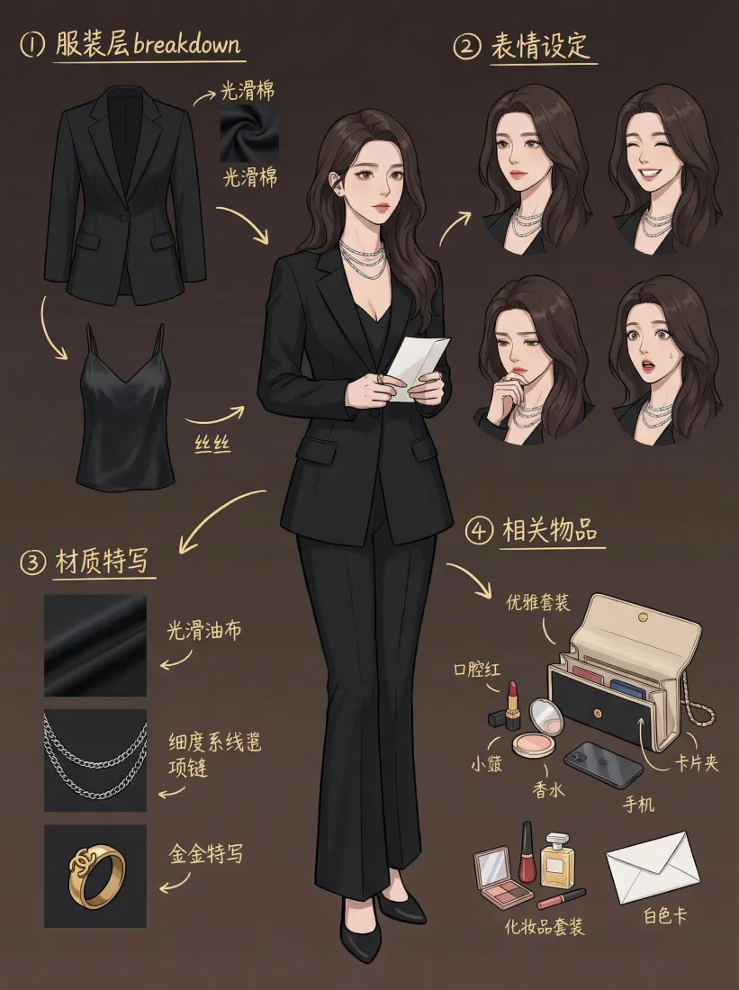 深棕背景上的职场女性黑色西装穿搭拆解插画，含服装、表情、材质与配饰说明
