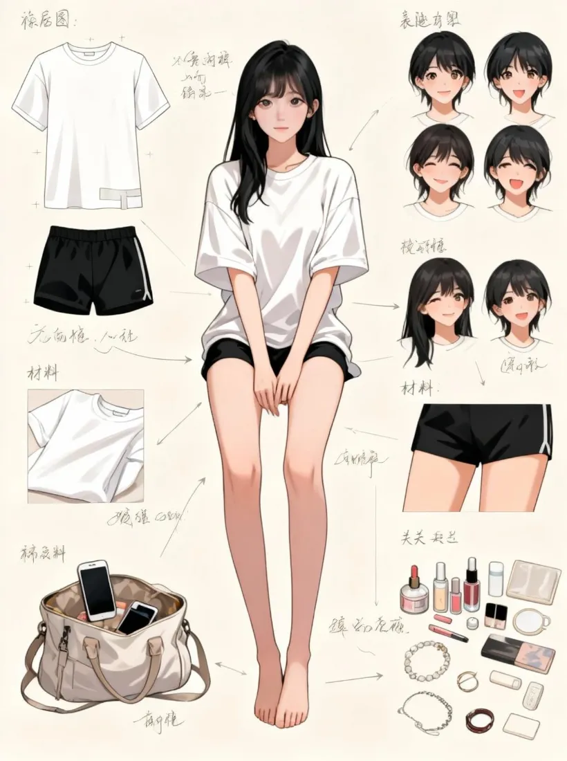 黑长直少女穿白T恤黑短裤赤脚坐姿，四周环绕穿搭与随身物品拆解插画
