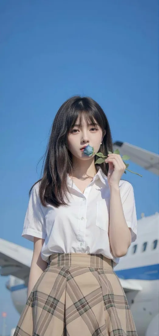 蓝天机场背景下，穿白衬衫格纹裙的长发少女手持蓝玫瑰站立