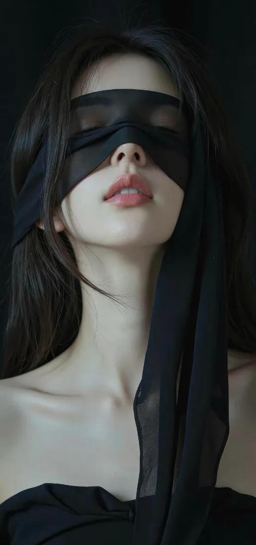黑纱蒙眼的长发女性，仰首露肩，暗黑背景下气质神秘优雅。