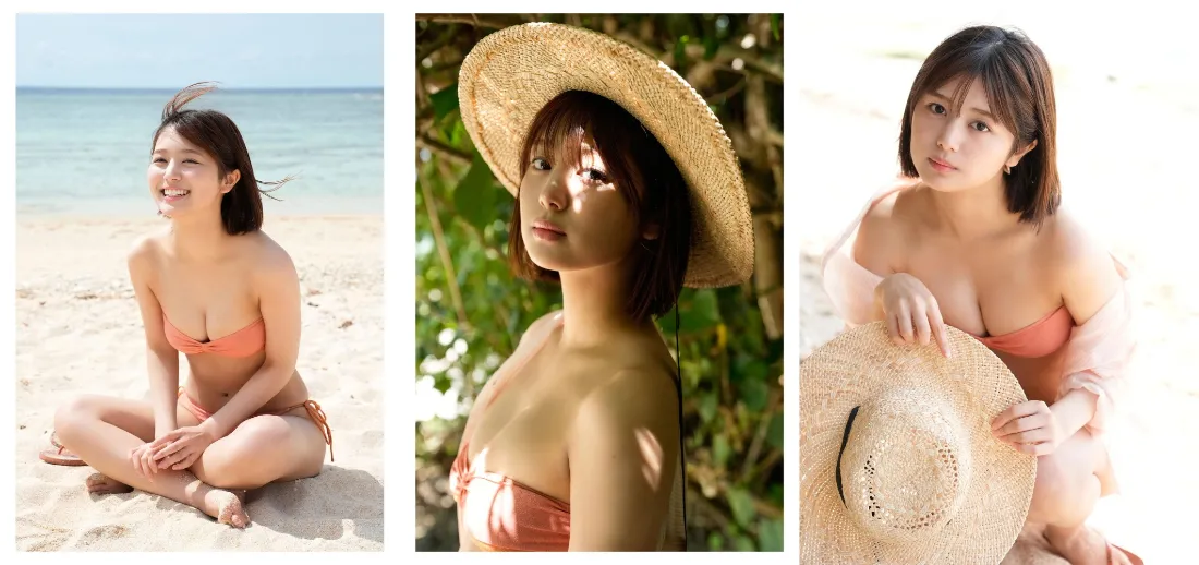 三联拼贴夏日泳装女性写真，含沙滩、绿植、草帽度假场景