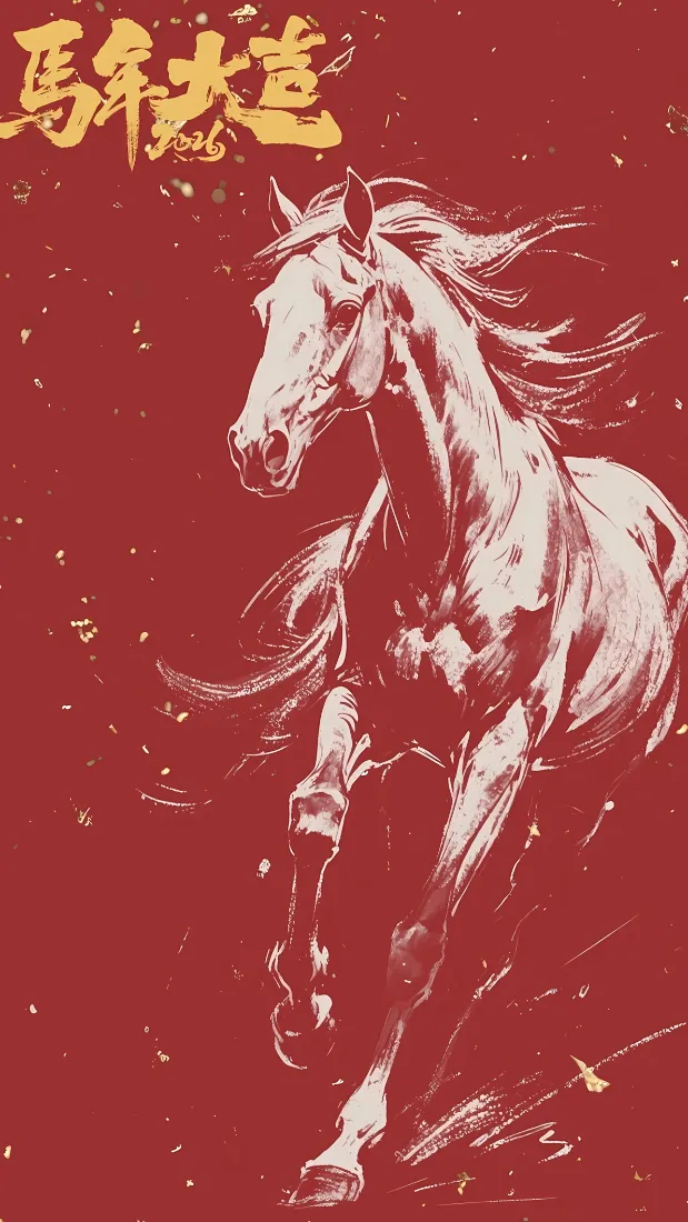 红底洒金背景上，水墨风格骏马奔腾，左上角配金色书法“马年大吉”