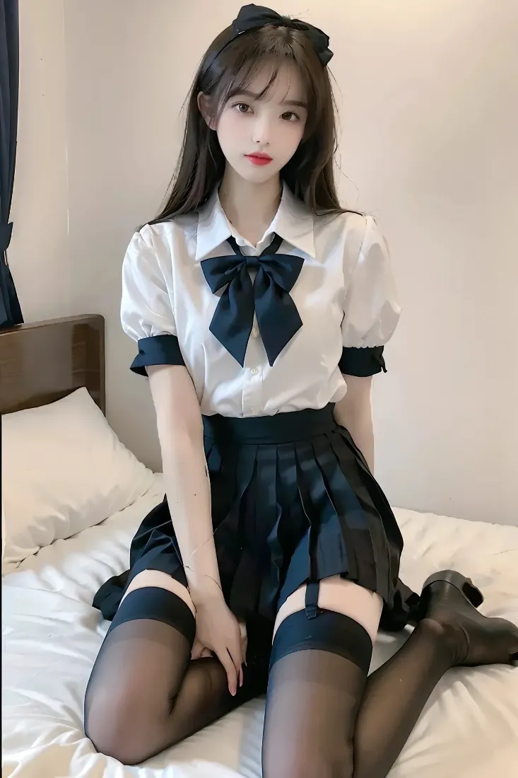 穿JK制服的长发女生坐在卧室床上，白衬衫配黑领结黑短裙黑丝，造型清纯。