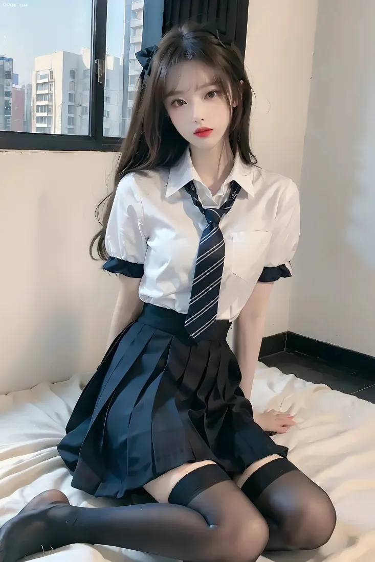 穿校服的长发女生坐在室内床铺上，窗边可见城市建筑