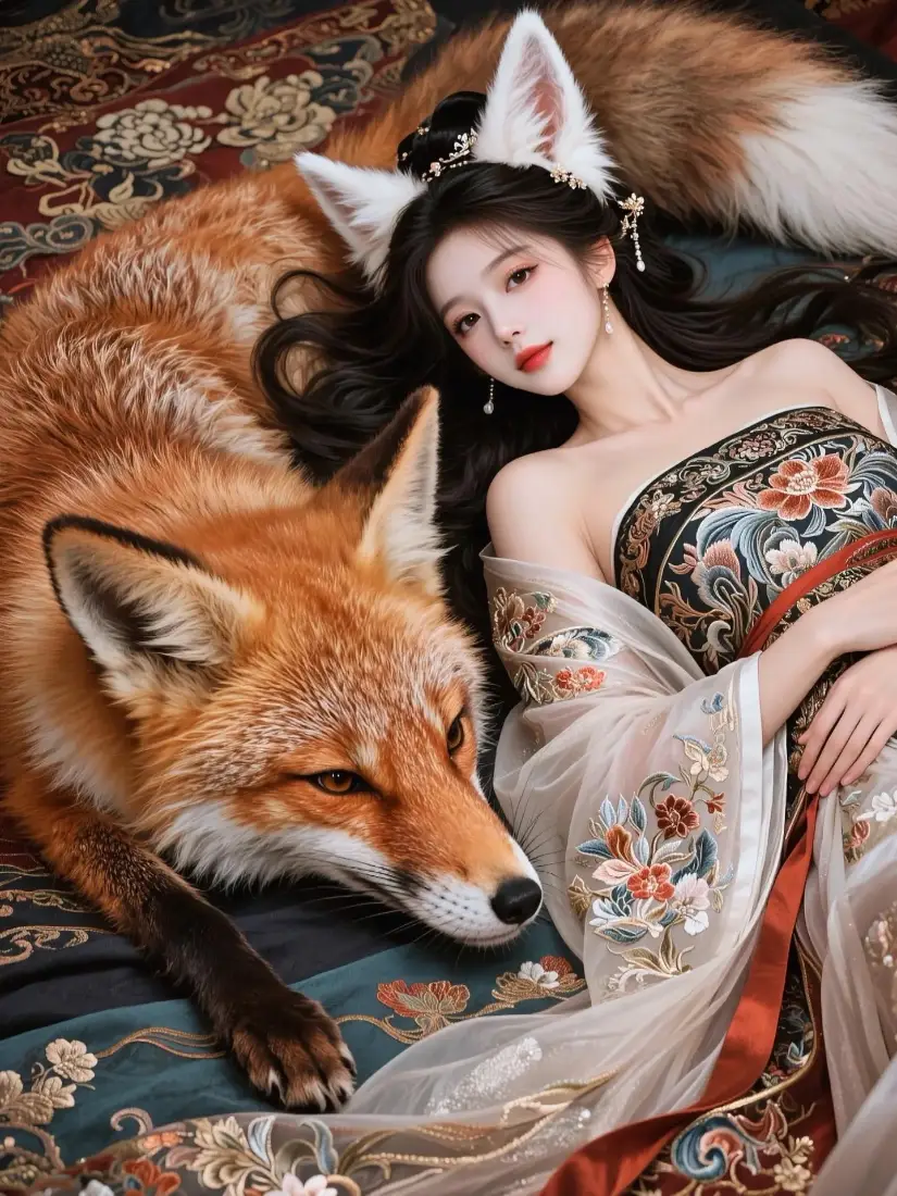 戴狐耳的古风女子与红狐同卧于织锦纹样的传统织物上