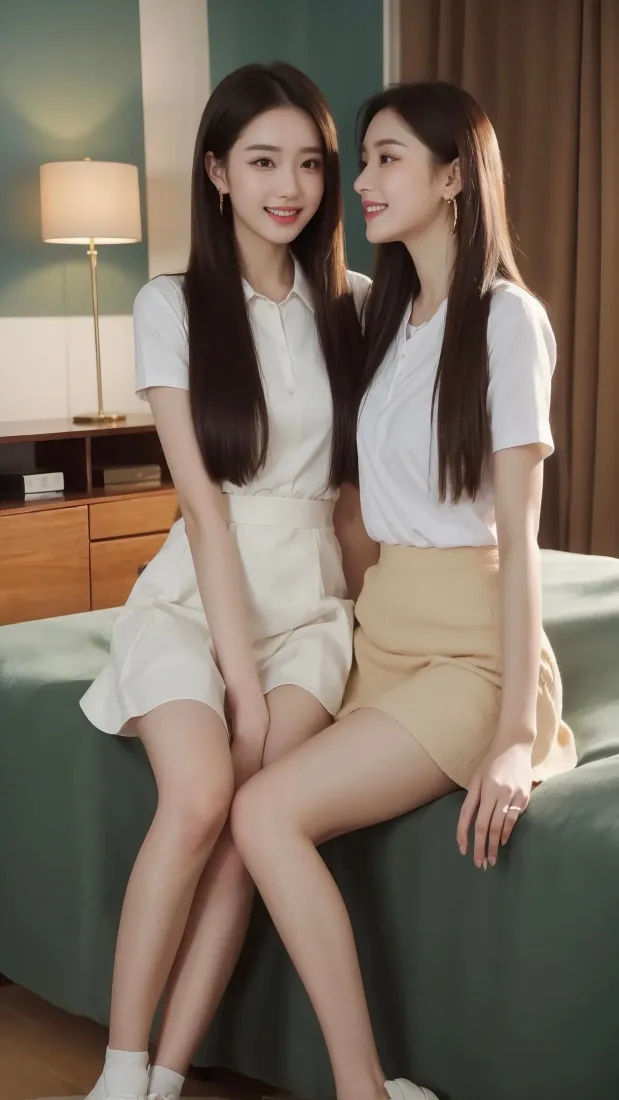 室内卧室中，两位长发白上衣短裙的年轻女生坐在绿色床沿亲密依偎。