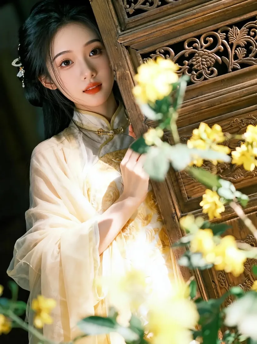 身着浅黄古风服饰的女子倚在雕花木门旁，前景点缀黄色花卉。