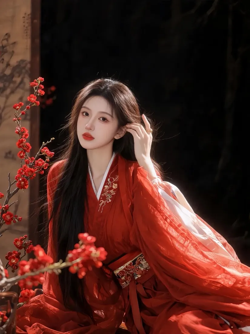 红衣古风美女手机壁纸｜红枝背景 - 古典汉服「哲风壁纸」