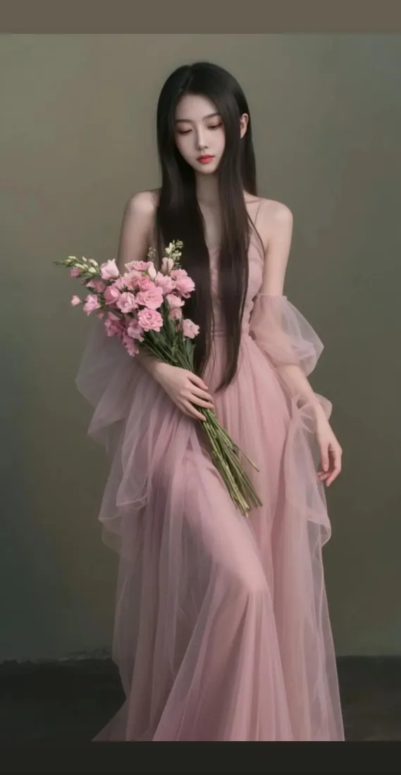 长发女子身着粉色纱裙，手持粉色花束，立于素色墙前。
