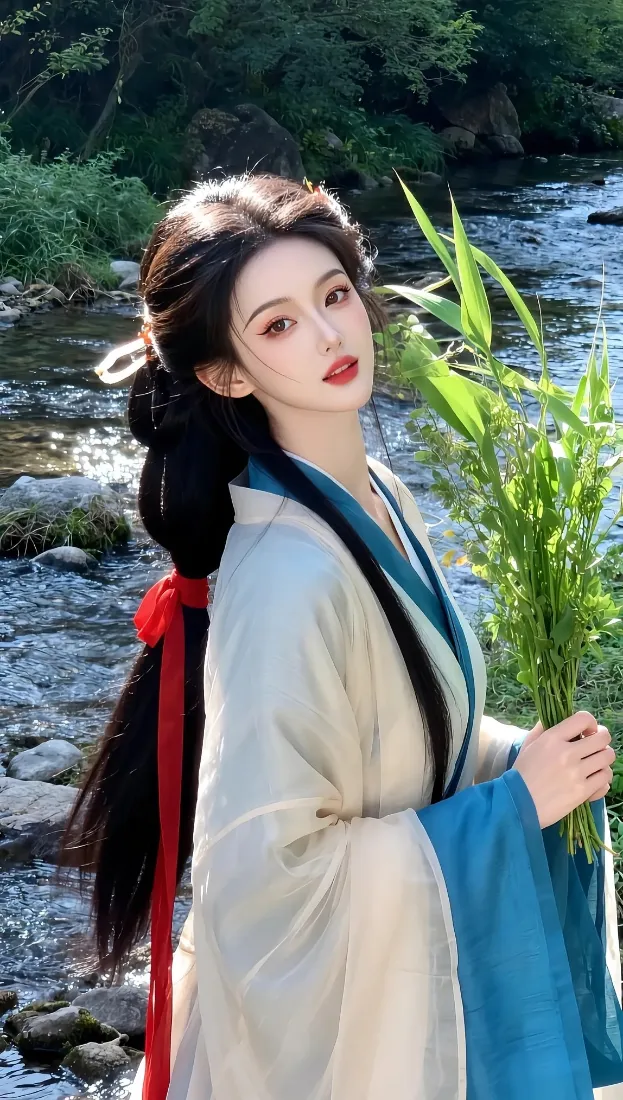 身着米白蓝边汉服的女子立于溪流旁，手持绿植，背景为山林溪石。