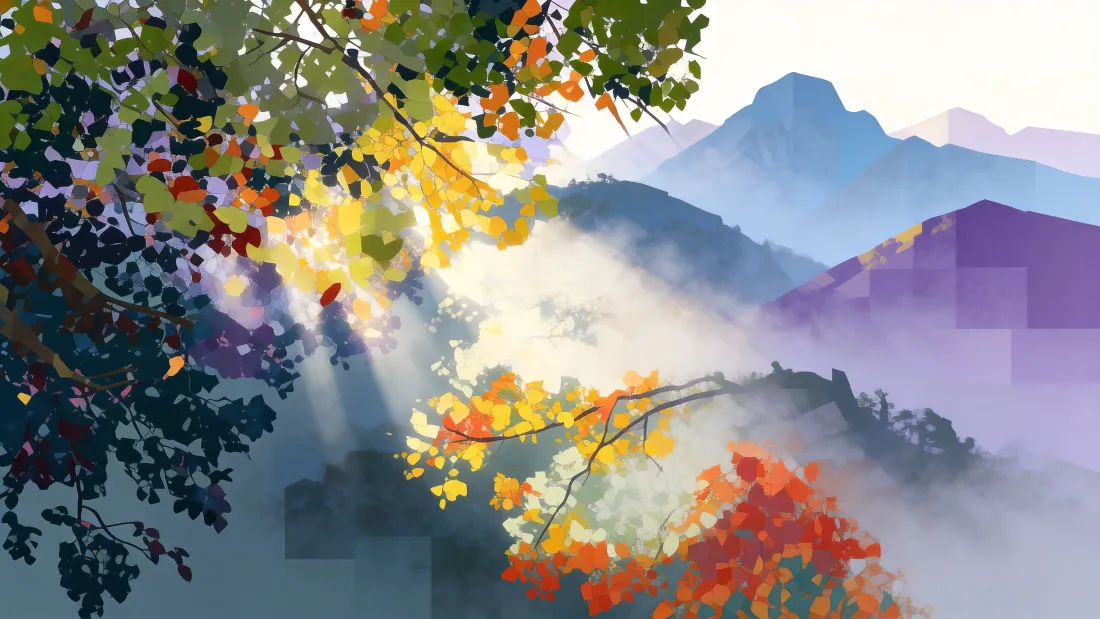 秋日彩叶林掩映雾中远山，阳光穿透枝叶洒落，层峦叠嶂秋意静谧。