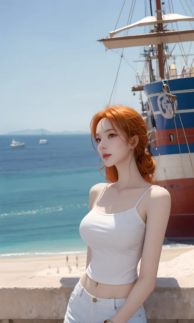 AI美女手机壁纸｜海边背景图 - 红发蓝天帆船「哲风壁纸」