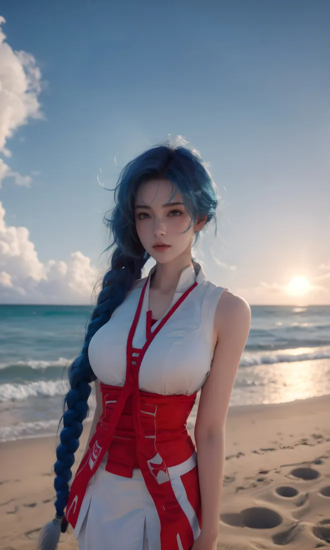 蓝发长辫女子身着红白服饰，立于夕阳下的沙滩海岸边。